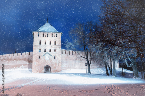 Veliky Novgorod Russia. Winter landscape - Vladimir tower of Novgorod Kremlin in winter snowy night in Veliky Novgorod, Russia