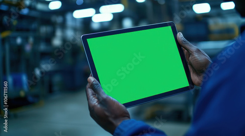 An industrial worker is shown using a tablet with a green mock-up screen in a factory environment.