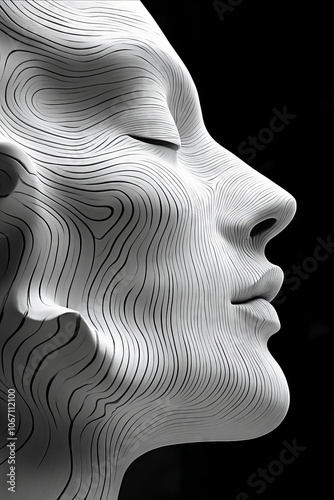 A close up of a sculpture of a woman's face on a black background