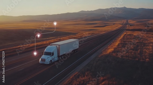 White truck navigating highway with visible route tracking and gps icons for location data
