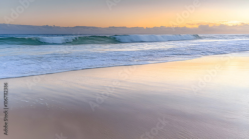 Golden light bathes the sandy beach and breaking waves at dawn.