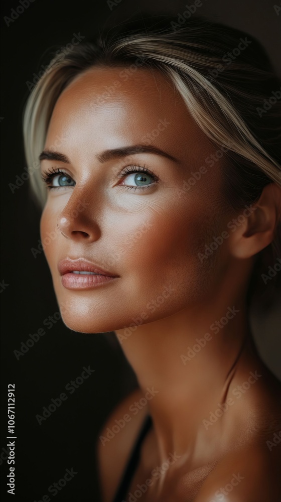 A woman with blue eyes looking up at the camera A woman with blue eyes looking up at the camera