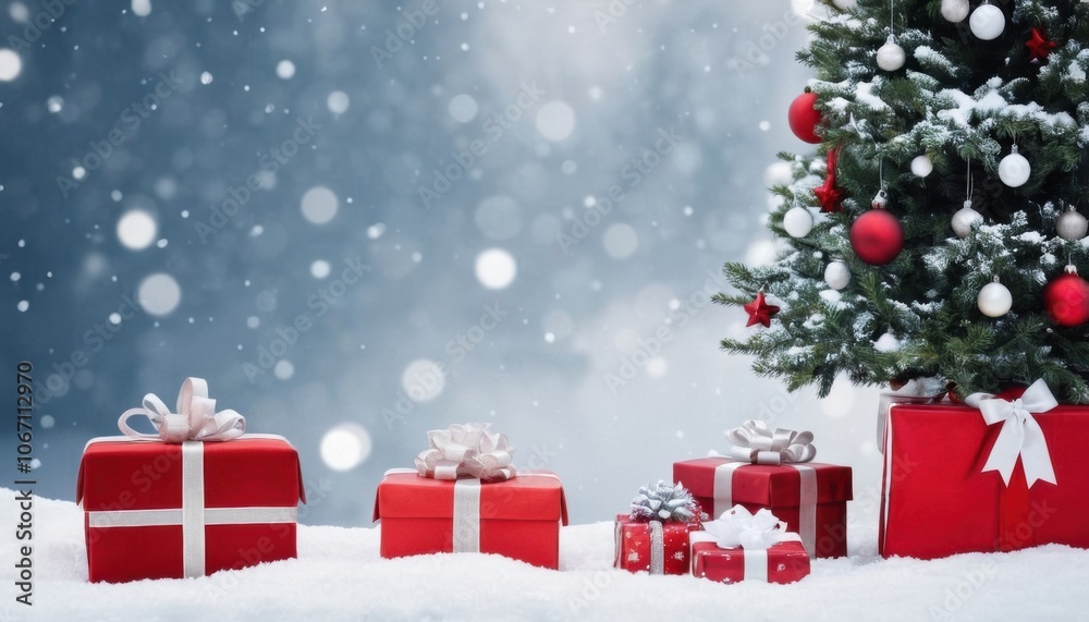 christmas tree with gifts on snow background. christmas tree with gifts on snow background.