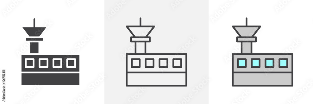 Flight control tower icon in black and colored style. Flight control tower icon in black and colored style.