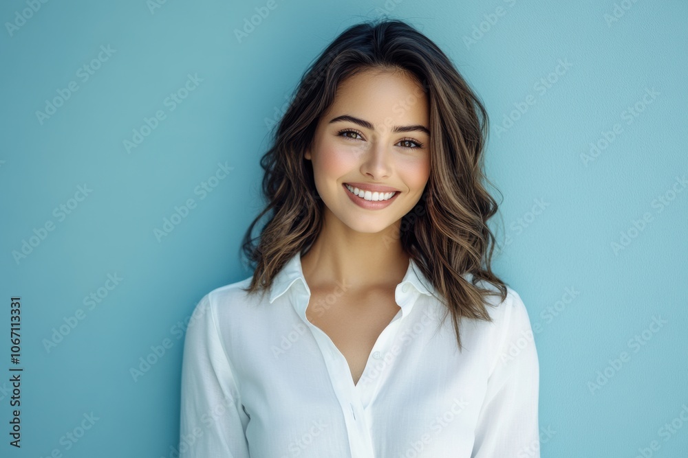 A Cute Caucasian woman with a radiant smile and white shirt stands confidently against a turquoise background, her charm and beauty shining through. A Cute Caucasian woman with a radiant smile and white shirt stands confidently against a turquoise background, her charm and beauty shining through.