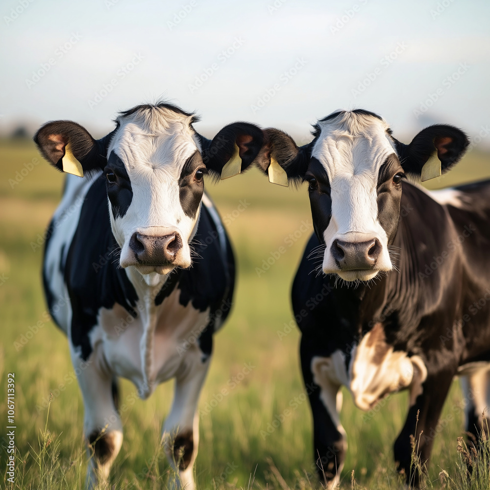 Two black and white cows stand contentedly in a sunny green pasture, exuding peace and rural charm. Two black and white cows stand contentedly in a sunny green pasture, exuding peace and rural charm.