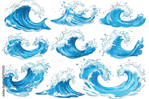 Vector sea waves icons collection. Illustration of blue ocean waves with white foam. Water splash set.