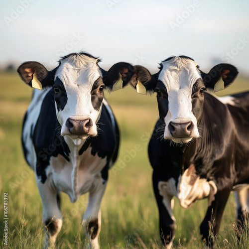 Two black and white cows stand contentedly in a sunny green pasture, exuding peace and rural charm.