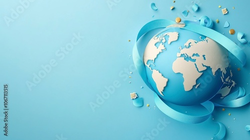 Concept of World Diabetes Day , The world is surrounded by a blue ribbon pin , free space on the left side , on blue background , illustration , generative ai