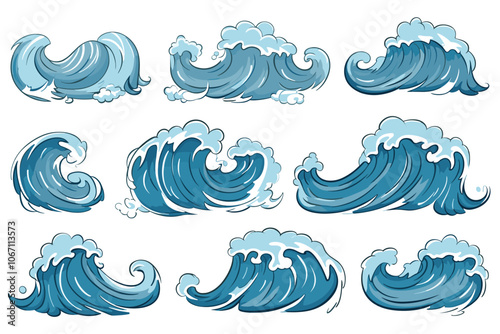 Vector sea waves icons collection. Illustration of blue ocean waves with white foam. Water splash set.