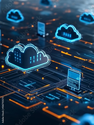 A cloud network with glowing lines representing the flow of data between servers, computers, and mobile devices