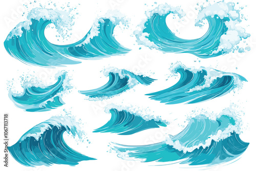 Vector sea waves icons collection. Illustration of blue ocean waves with white foam. Water splash set.