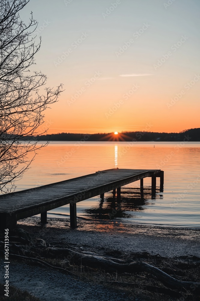 Obraz premium A wooden pier stretches into a calm lake at sunset, surrounded by a tranquil, scenic landscape and colorful sky.