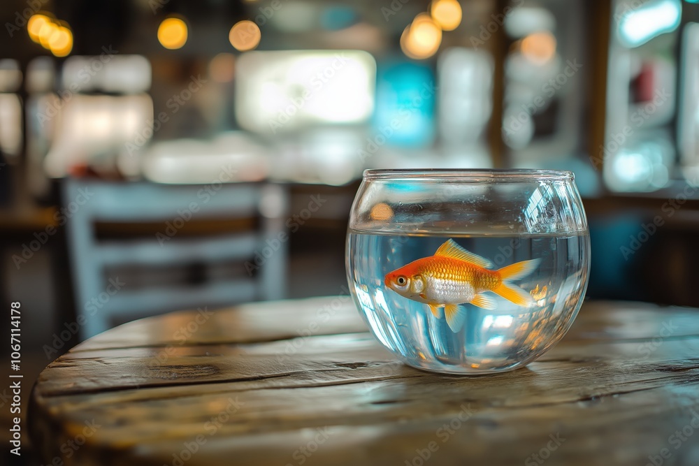 Single goldfish swims in a round bowl placed centrally on a rustic wooden table. Single goldfish swims in a round bowl placed centrally on a rustic wooden table.