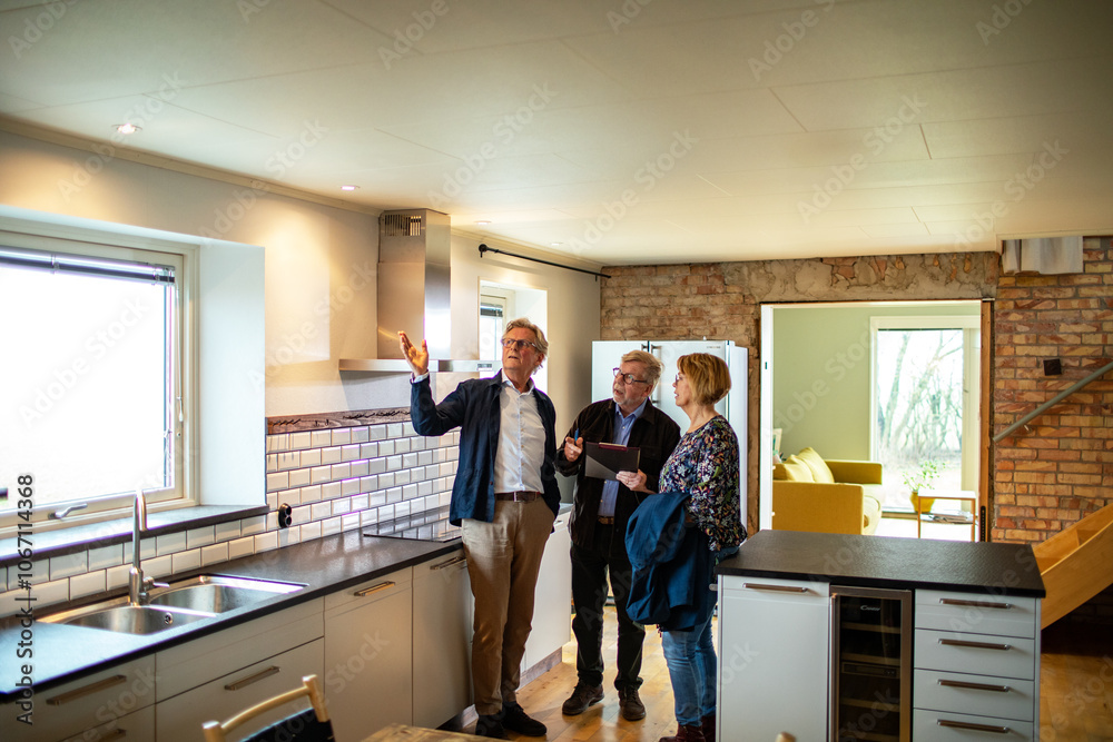 Elderly couple consulting with real estate agent in new home kitchen