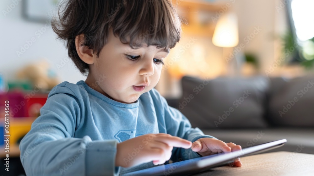 Curious toddler engaged with tablet in cozy living room setting Curious toddler engaged with tablet in cozy living room setting