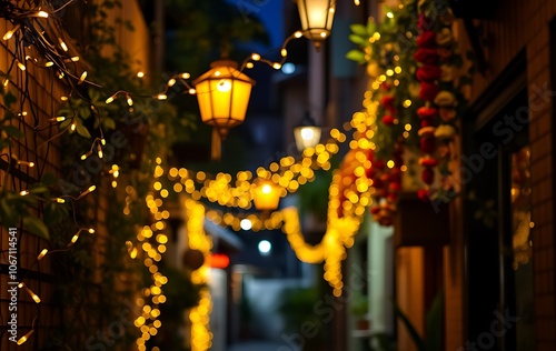 diwali hindu festive lights decoration on house entrance with bokeh effect during the evening celebration blurred background photo