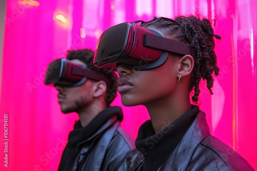 People in VR glasses on a pink background. Virtual reality, game, technology photo