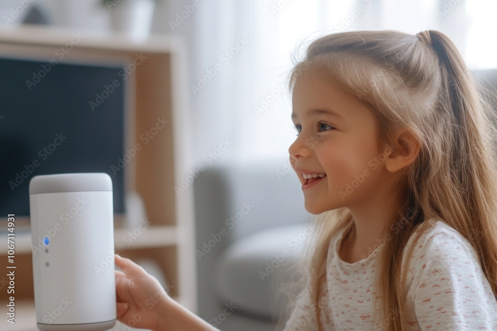 Smiling girl interacts with voice activated smart home device in cozy living room Smiling girl interacts with voice activated smart home device in cozy living room
