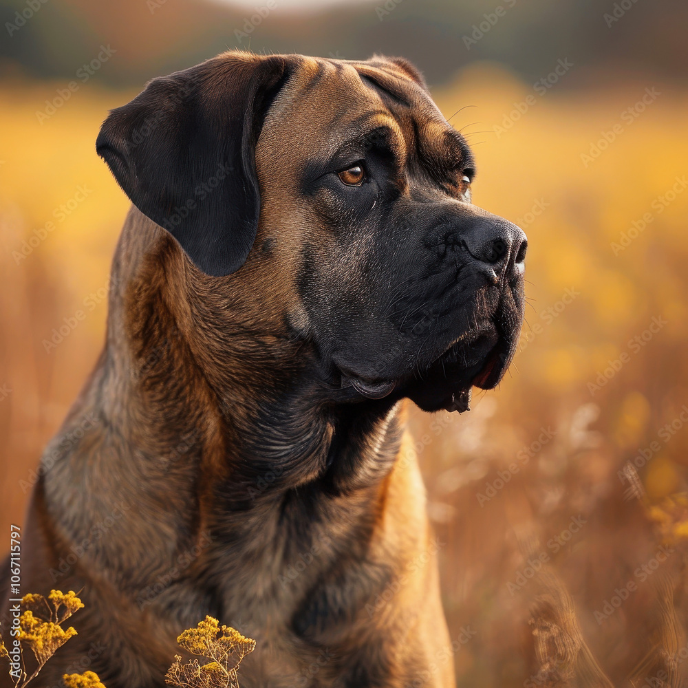 Majestic mastiff in a golden field, showcasing its strength and serene demeanor, surrounded by warm autumn light. Majestic mastiff in a golden field, showcasing its strength and serene demeanor, surrounded by warm autumn light.