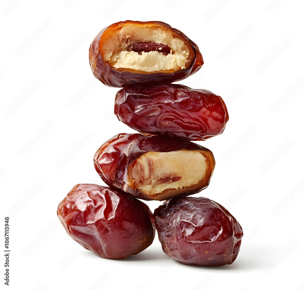 Stack of four dates with one split open revealing the inside Stack of four dates with one split open revealing the inside
