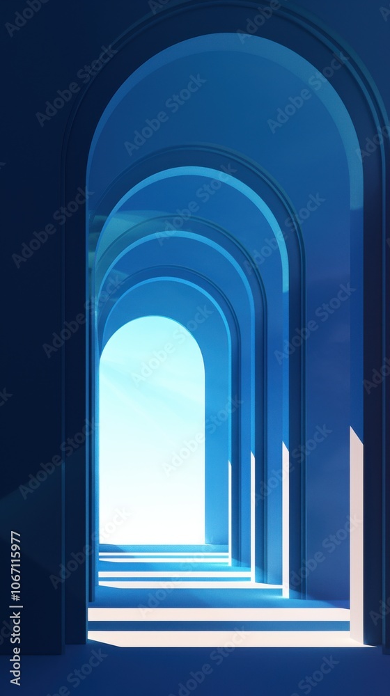 Fototapeta premium A serene blue corridor with archways, creating a calm and inviting atmosphere, illuminated by soft light.