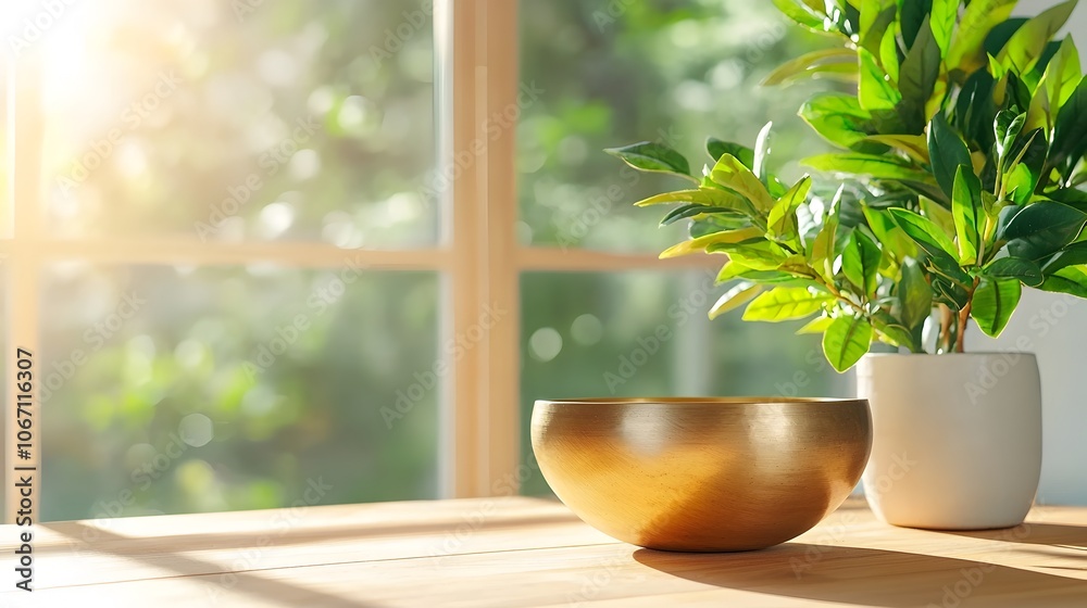 Minimalistic scene of a singing bowl on a wooden floor with soft warm lighting suggesting a peaceful meditative atmosphere and a sense of calmness and tranquility