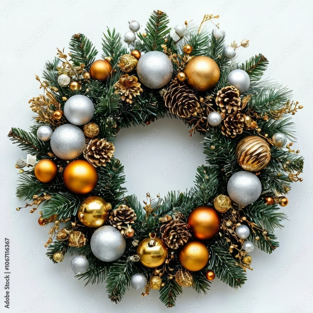Elegant Christmas wreath decorated with balls and pine cones. The perfect holiday decoration for a cozy seasonal atmosphere. Elegant Christmas wreath decorated with balls and pine cones. The perfect holiday decoration for a cozy seasonal atmosphere.