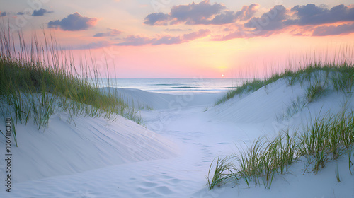 Sunrise over a sandy beach with tall grasses and footprints in the sand.