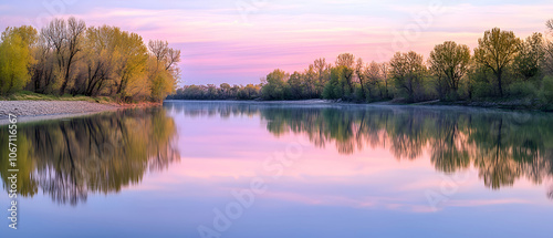 Tranquil River at Sunrise with Trees Reflected in the Water.