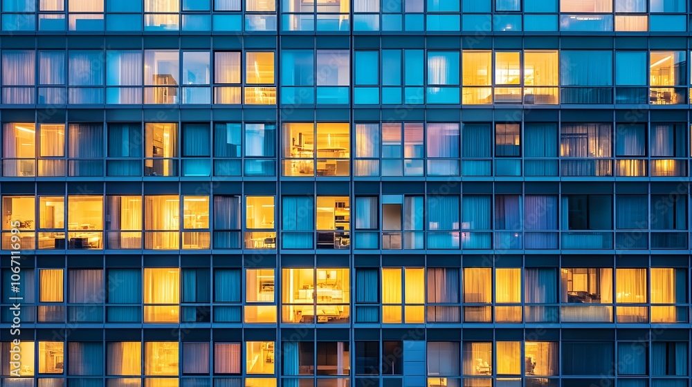 Lit windows of a tall apartment building at night, urban city view Lit windows of a tall apartment building at night, urban city view