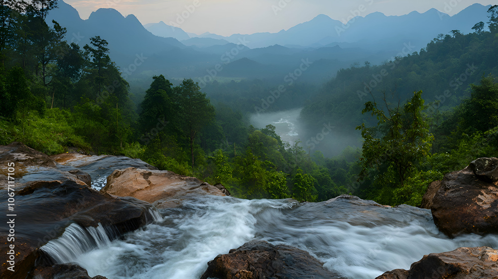 A cascading waterfall flows over rocky cliffs, with lush green vegetation and a misty valley in the background. A cascading waterfall flows over rocky cliffs, with lush green vegetation and a misty valley in the background.