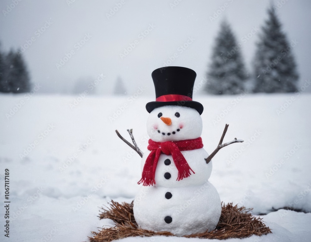 happy snowman standing in the middle of snow background. happy snowman standing in the middle of snow background.