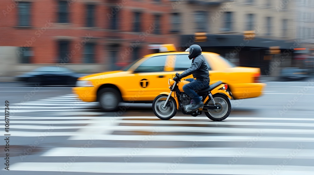 Dramatic intersection collision between a speeding yellow taxi and motorcycle both vehicles skidding to an abrupt stop on the busy urban street amid blurring motion and chaos Dramatic intersection collision between a speeding yellow taxi and motorcycle both vehicles skidding to an abrupt stop on the busy urban street amid blurring motion and chaos