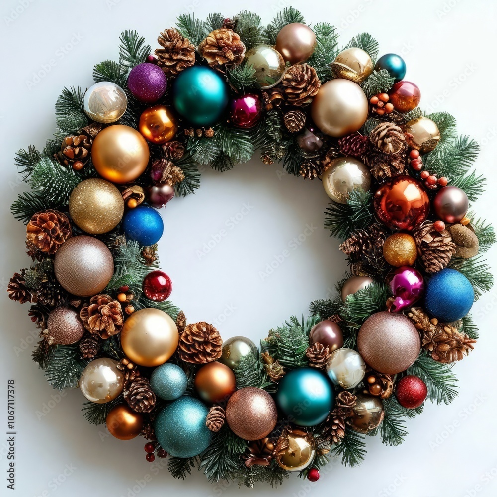 Elegant Christmas wreath decorated with balls and pine cones. The perfect holiday decoration for a cozy seasonal atmosphere. Elegant Christmas wreath decorated with balls and pine cones. The perfect holiday decoration for a cozy seasonal atmosphere.