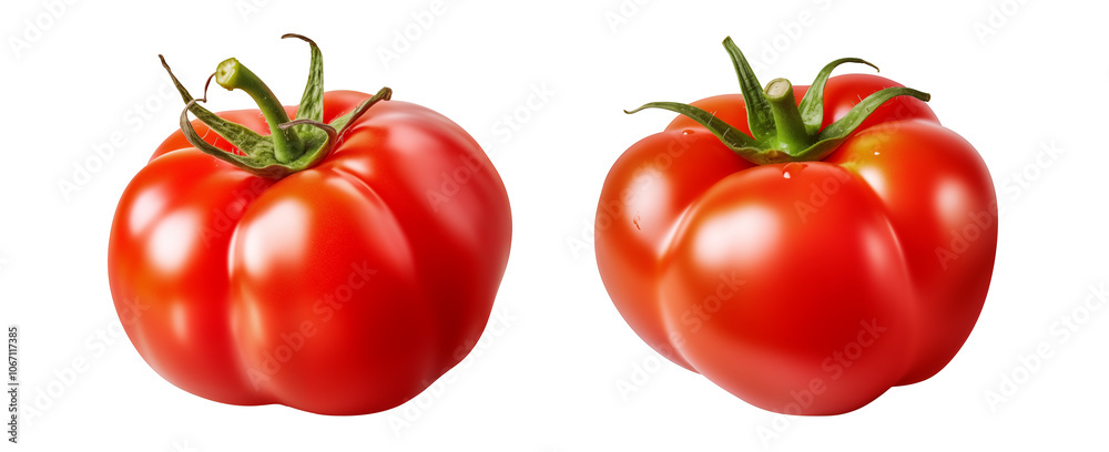Red tomato with green leaf isolated on white. PNG transparent. Red tomato with green leaf isolated on white. PNG transparent.