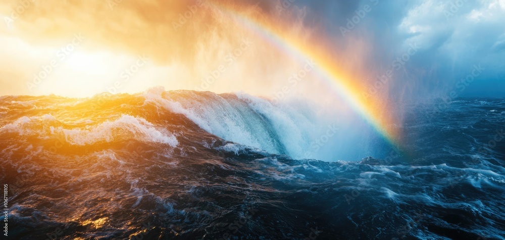 A waterfall generating mist and rainbows as it crashes into a pool below, symbolizing the beauty and strength of water, waterfall mist, natural water energy A waterfall generating mist and rainbows as it crashes into a pool below, symbolizing the beauty and strength of water, waterfall mist, natural water energy
