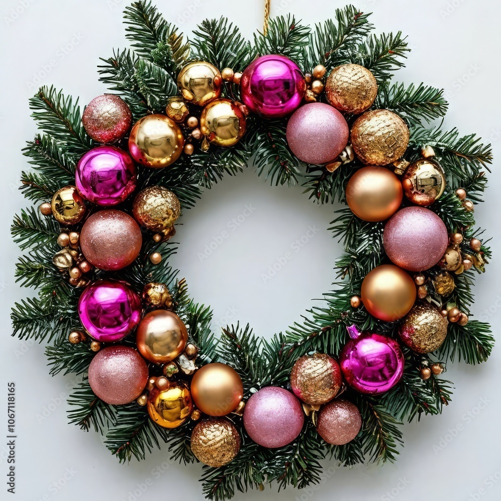 Elegant Christmas wreath decorated with balls and pine cones. The perfect holiday decoration for a cozy seasonal atmosphere. Elegant Christmas wreath decorated with balls and pine cones. The perfect holiday decoration for a cozy seasonal atmosphere.