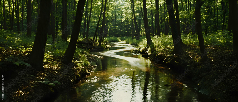 Fototapeta premium A small stream winds through a lush, green forest.