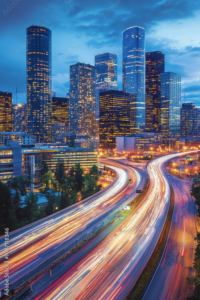 Fototapeta premium High-rise buildings and traffic lights at night