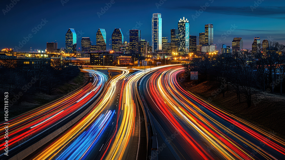 Fototapeta premium Busy city highway with light streaks at night