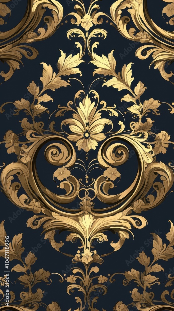 Elegant golden floral wallpaper pattern with intricate designs on a deep blue background. Elegant golden floral wallpaper pattern with intricate designs on a deep blue background.