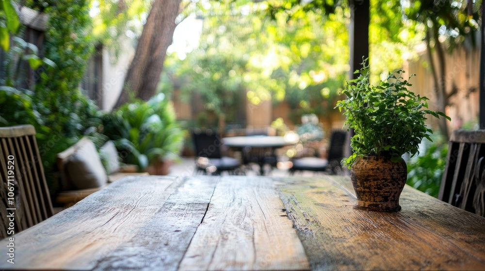 Serene Outdoor Table with Greenery and Plants Serene Outdoor Table with Greenery and Plants