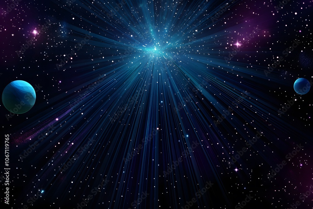 An enchanting image of a radiant starburst casting intense blue rays across a dark. space galaxy background.