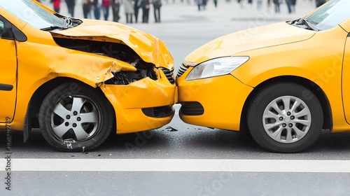 Two yellow taxis colliding in a crowded city street with people gathered around the accident scene observing the aftermath of the unplanned vehicle collision