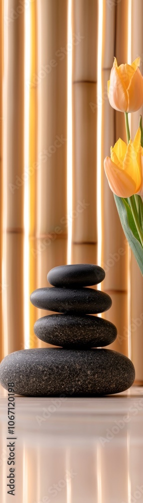 A serene arrangement of stacked black stones beside vibrant yellow tulips against a backdrop of bamboo, embodying tranquility and balance. A serene arrangement of stacked black stones beside vibrant yellow tulips against a backdrop of bamboo, embodying tranquility and balance.