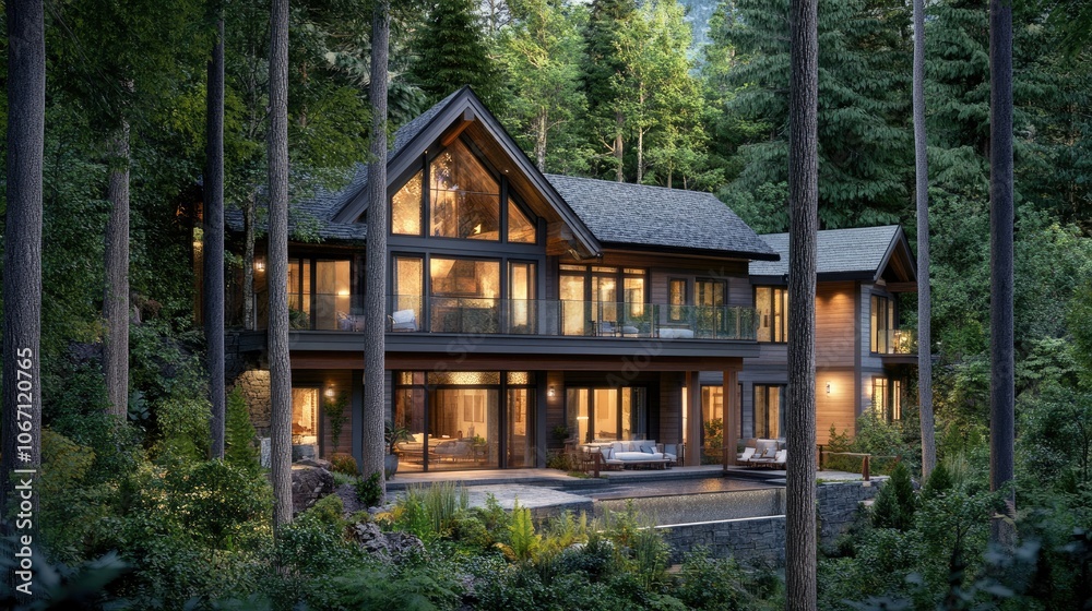 Modern House Surrounded by Lush Forest Landscape Modern House Surrounded by Lush Forest Landscape