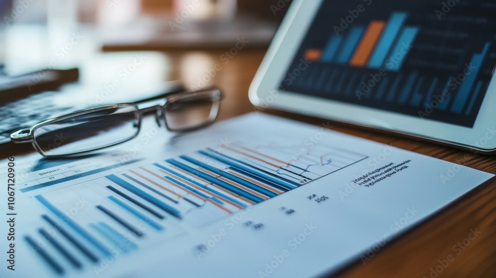 Financial charts and graphs on desk with tablet and glasses Financial charts and graphs on desk with tablet and glasses