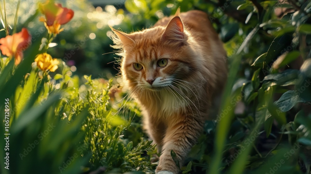 A summertime stroll around a garden with a fluffy orange kitten. There is green grass all around the cat. A summertime stroll around a garden with a fluffy orange kitten. There is green grass all around the cat.