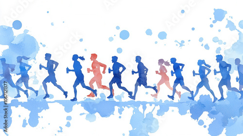 A colorful watercolor illustration of runners in various poses, highlighting movement and energy, with one runner standing out in red.